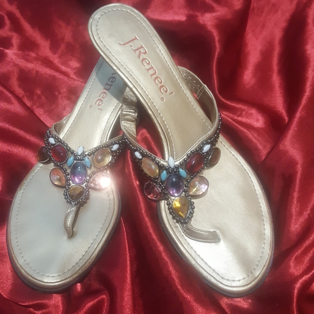 Bronze sandals with multi-color stones